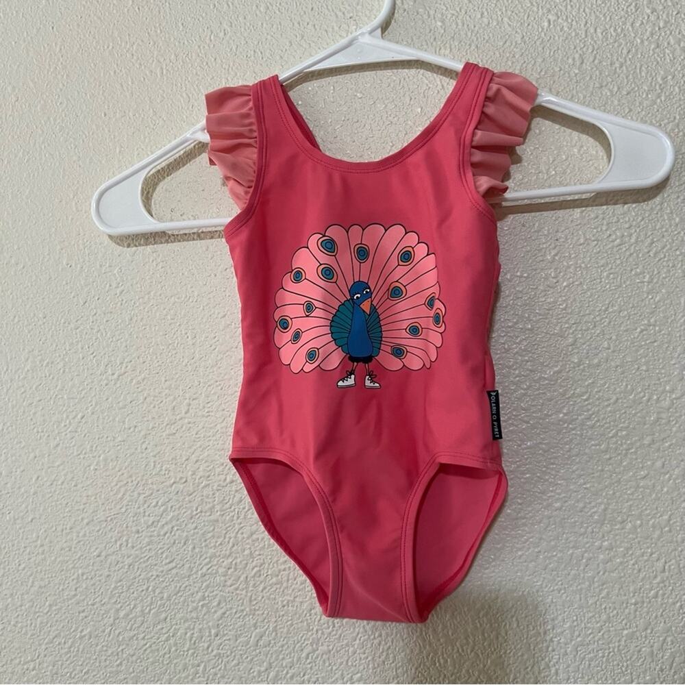 Polarn O. Pyret pink peacock ruffle one piece swimsuit 1-2yrs